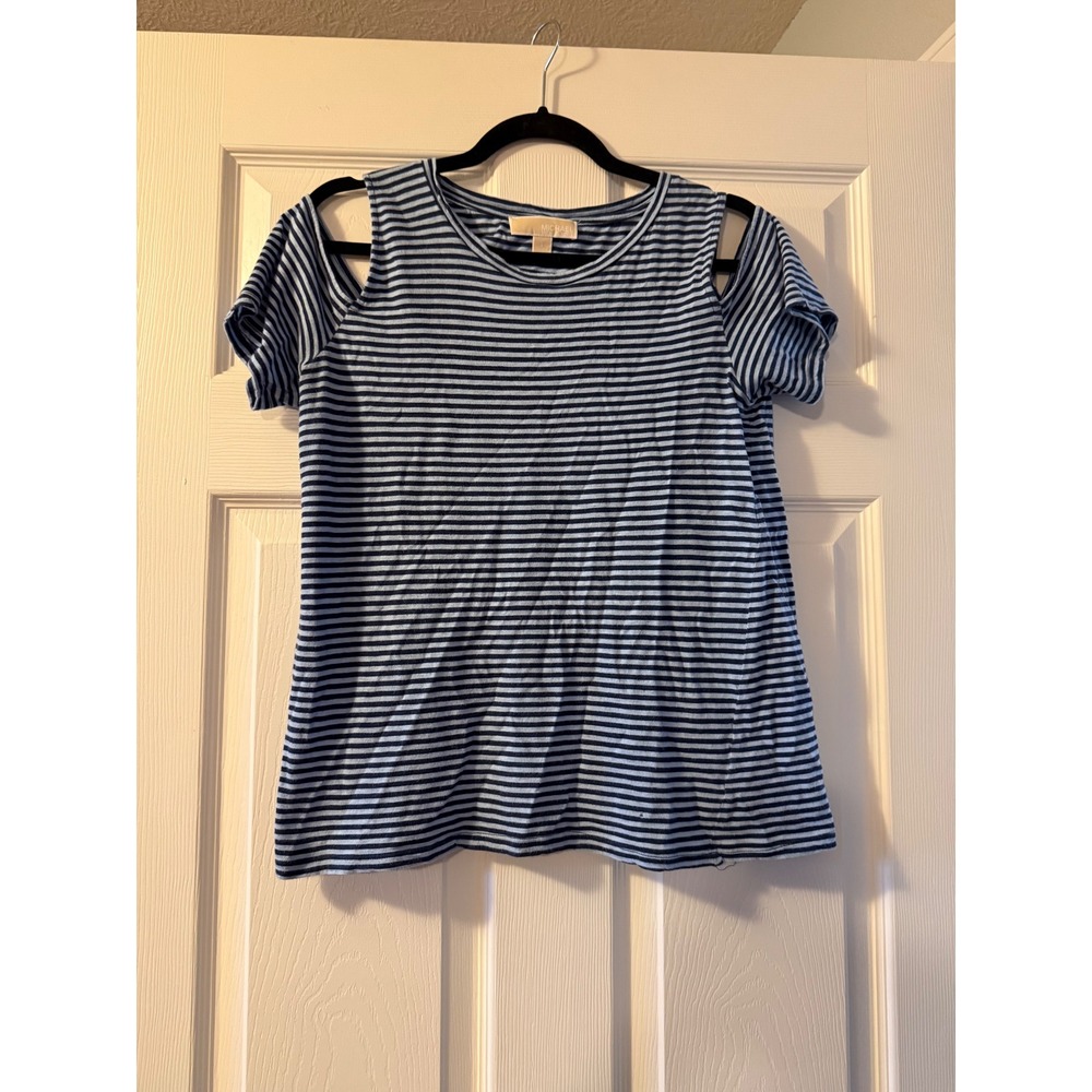 Michael Kors Striped Cold Shoulder Top Blue Navy Short Sleeve Large